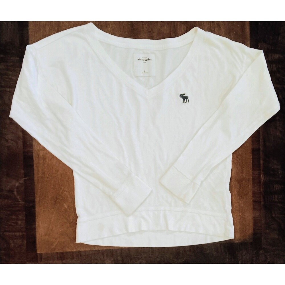 Abercrombie Kids white long-sleeved T-shirt v-neck navy blue moose Girls 8/10